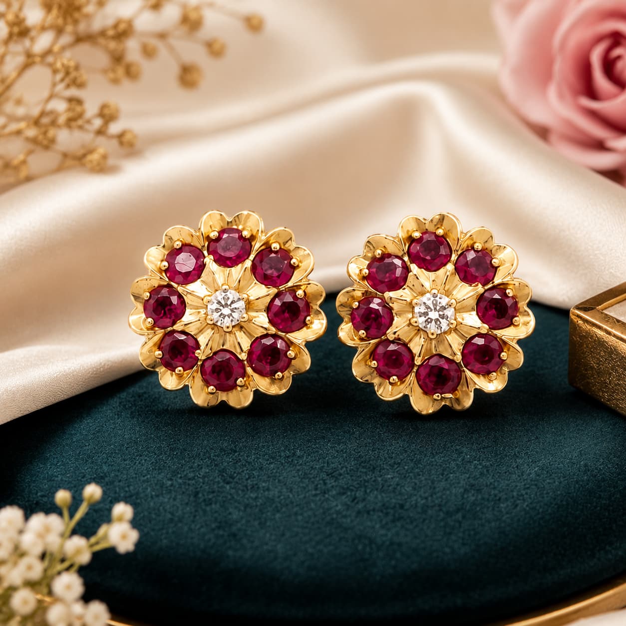 Floral Ruby Stone Stud Earrings
